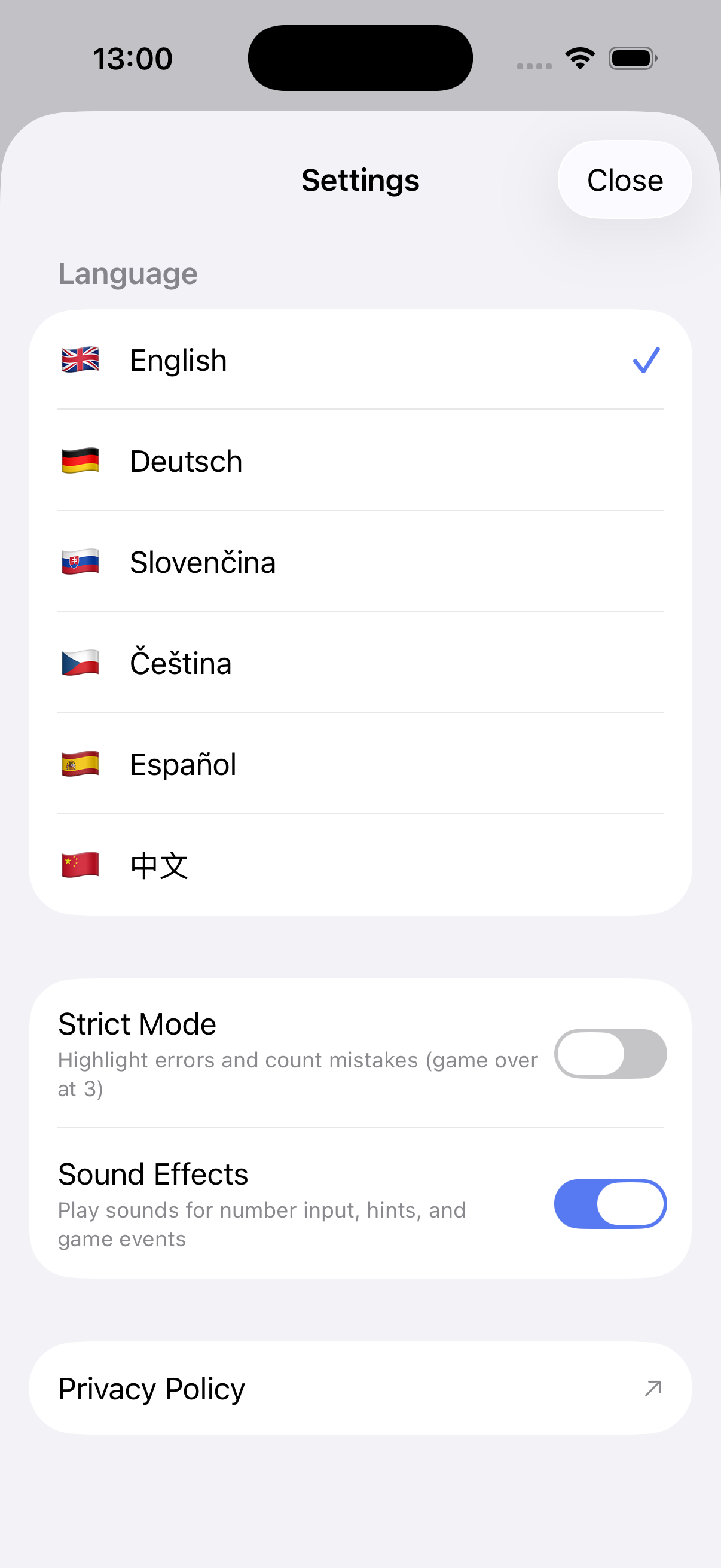 Settings screen